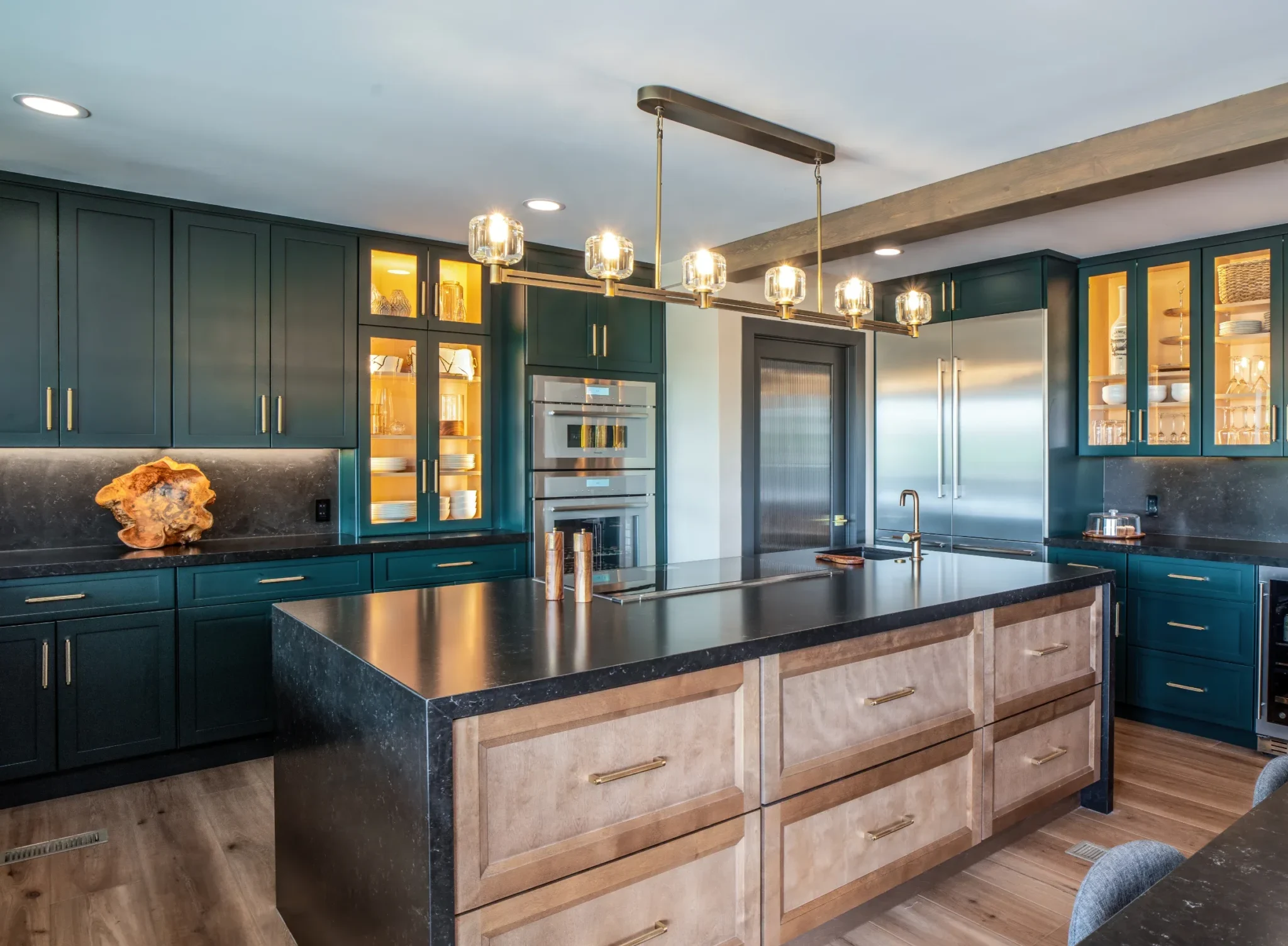 deep green double island kitchen