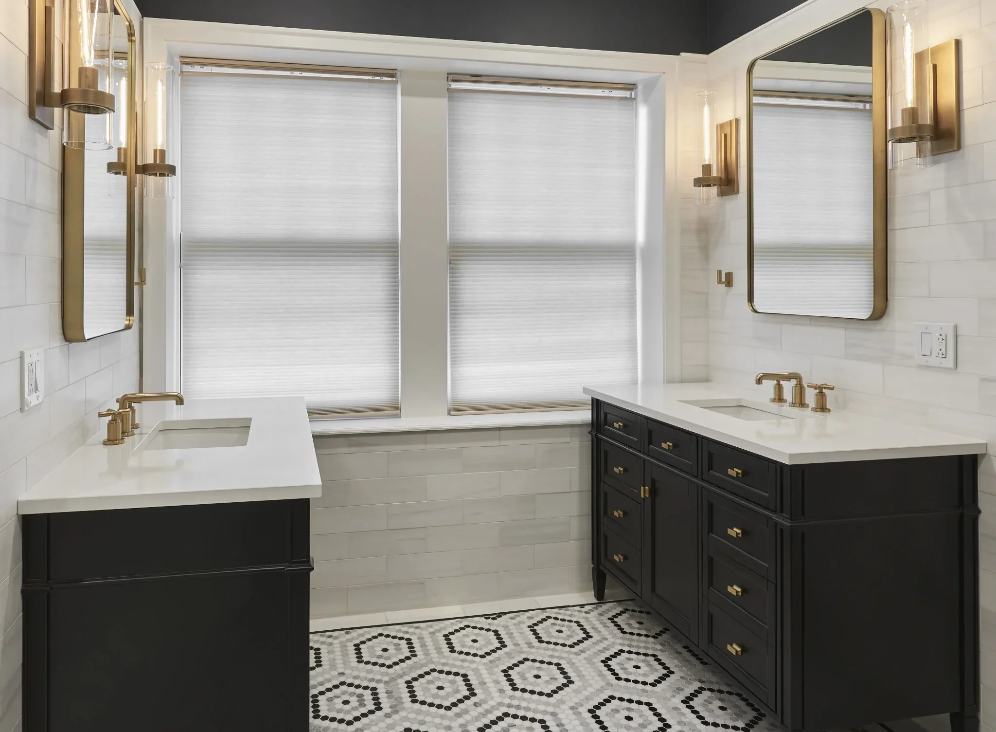 timeless double vanity bath mosaic hex tile